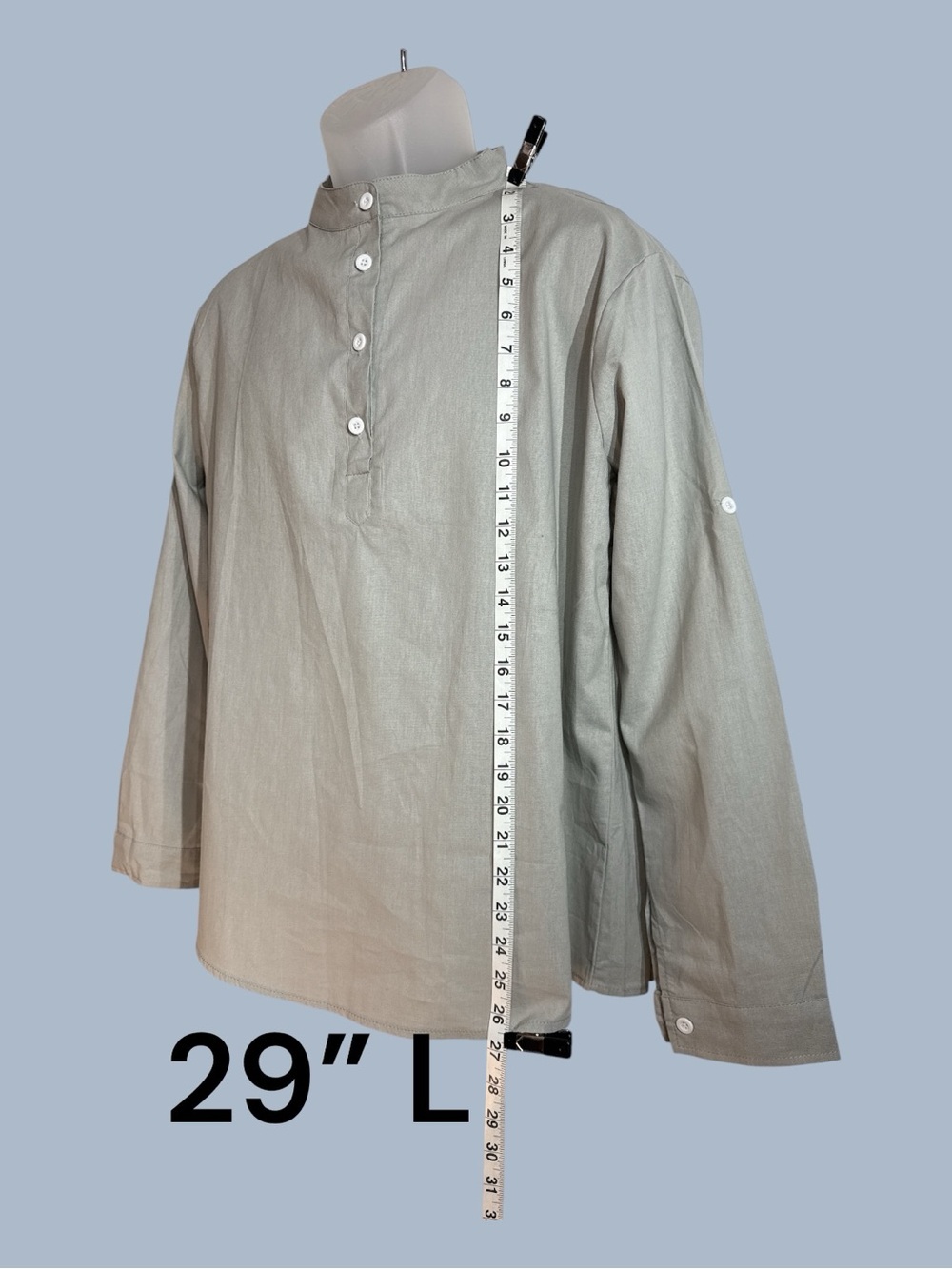 Band Collar 100% Cotton Linen Long Adjustable Sleeve Button Front Shirt Gray M - Picture 3 of 8